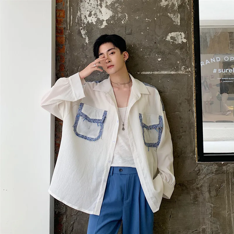 Большой карман лоскутное дизайн рубашки для мужчин с длинным рукавом Свободные