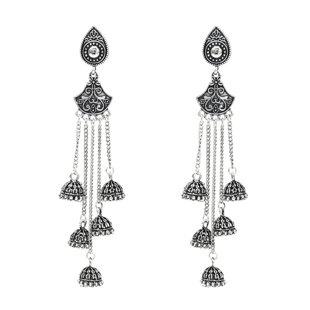 silver Индийские окисленные серьги Jhumka Jhumki, индийские ювелирные изделия для женщин, золотые, серебряные, длинные серьги с кисточками, с ушками, для афганского, египетского, турецкий Цыганский - Окраска металла: silver