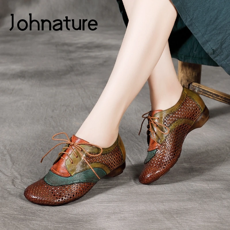 

Johnature Flats Women Shoes Mixed Colors Lace-up Genuine Leather 2022 New Round Toe Shallow Retro Hollow Casual Ladies Shoes