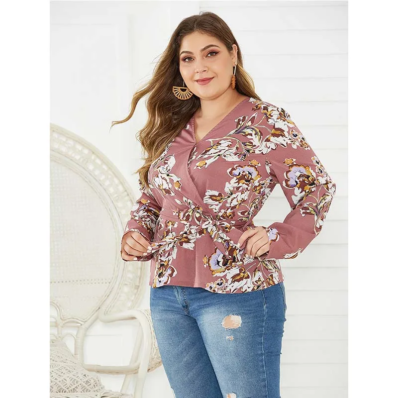 Женская блузка WHZHM с цветочным принтом V образным вырезом и длинным