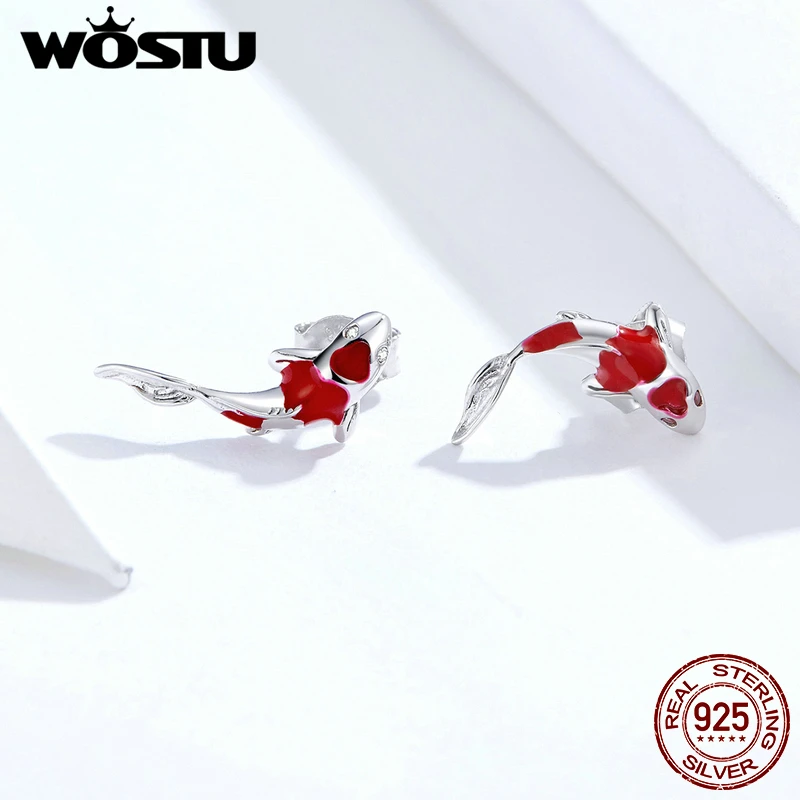 

WOSTU Authentic 925 Sterling Silver Koi Fish Stud Earrings Red Enamel Small Earrings For Women Lucky New Year Jewelry FIE812