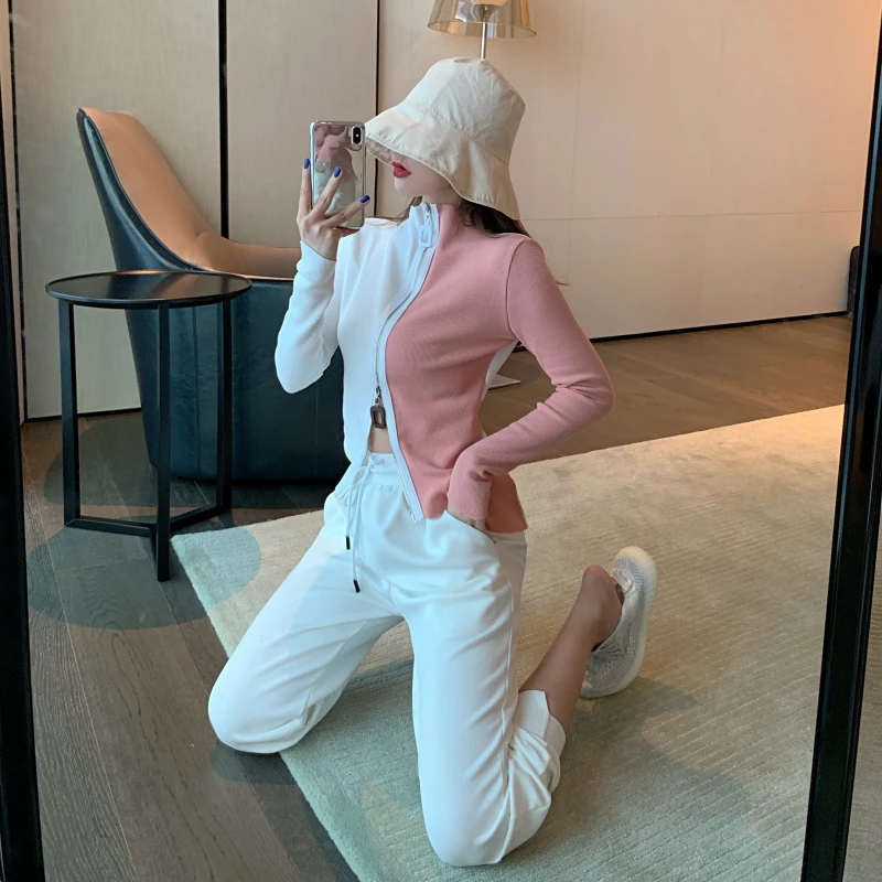 WHITNEY WANG Sweaters 2019 Fashion Streetwear Colors Contrast Patchwork Zipper Slim Sweater Women Pullover sueter mujer invierno |