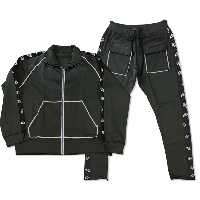 

2021 New Suit Solid Color Stitching Tooling Trend Personality Reflective Stripes Upright Collar Top Straight Leg Pants