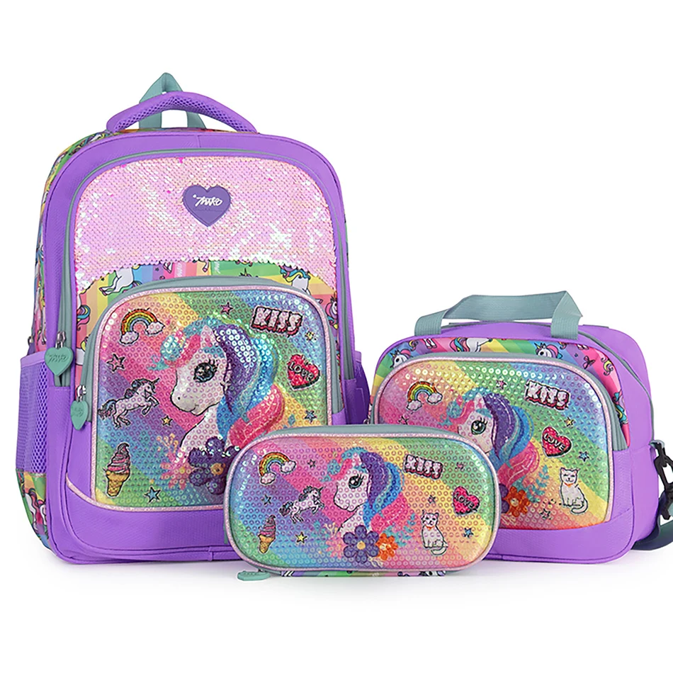 3pcs Princess Girls Sequins Unicorn Schoolbags for Kids Student Large Rainbow Mermaid Shoulders Bags with Lunch Box Pencil Case