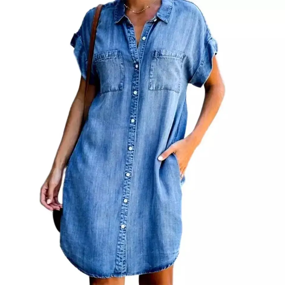 

Short Sleeve Women Denim Shirt Dresses Solid Color Lapel V-Neck Ladies Clothing Summer Dress Loose Button Knee Length Dresses