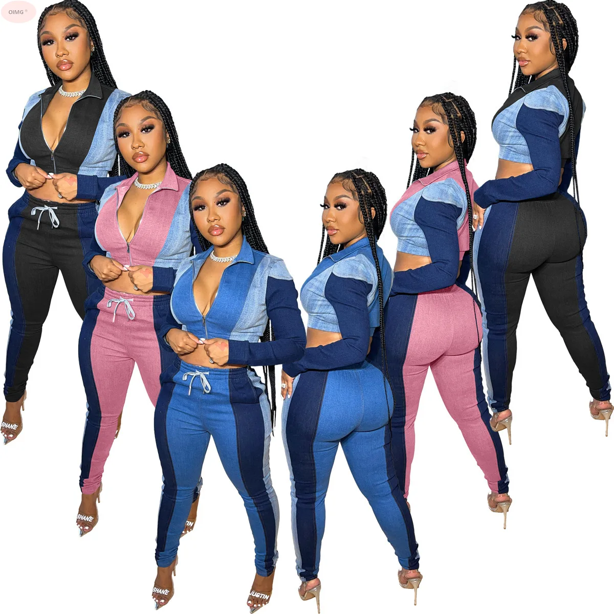 

H8125 European and American Women's Autumn New Style Slim Print Cowboy Fashion Sexy Leisure Two Piece Sets