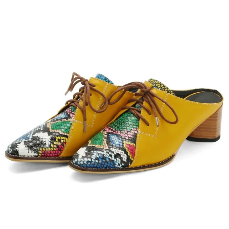 

Fanyuan/Лоскутные женские туфли-лодочки из искусственной кожи пу, с узором под змеиную кожу, на шнуровке, женская обувь на толстом каблуке вечер...