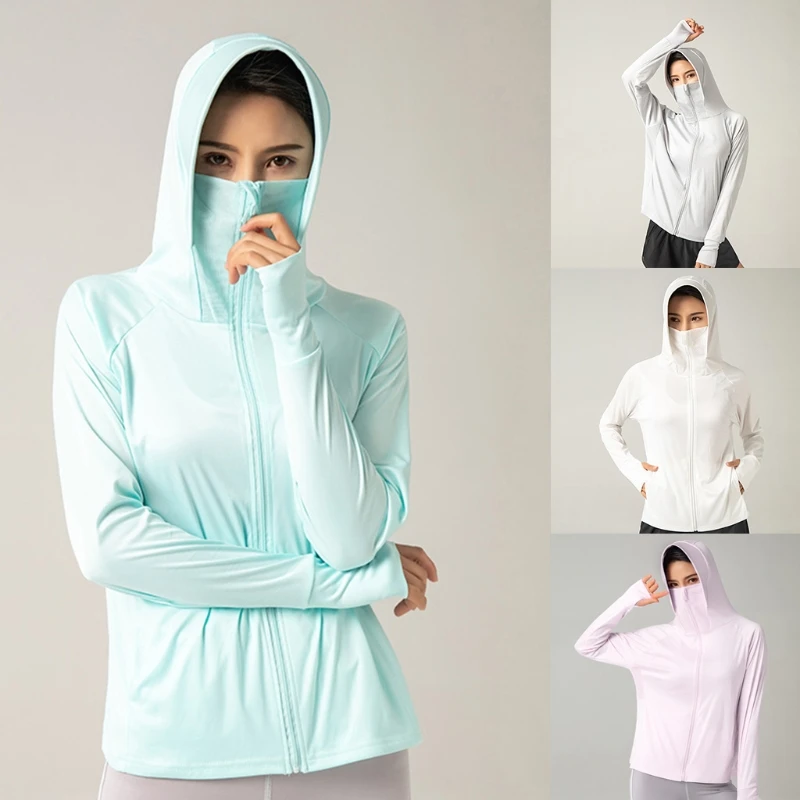 

Women UPF 50 Long Sleeve Sunscreen Jacket Hooded Mask Zip Summer Sport Coat Top