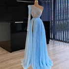 Женское вечернее платье Lowime, синее, на одно плечо, с бисером, с разрезом сбоку, для выпускного, длинный рукав в арабском стиле