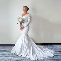 2021 mermaid bellanaija wedding dresses long sleeves v neck lace aso ebi bridal wedding gowns plus size with train