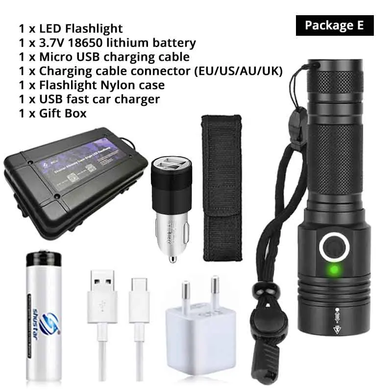 Package E Супер яркий XHP50 светодиодный фонарик с нижним магнитом водонепроницаемый фонарик Поддержка зум 4 режима освещения кемпинг лампа - Испускаемый цвет: Package E