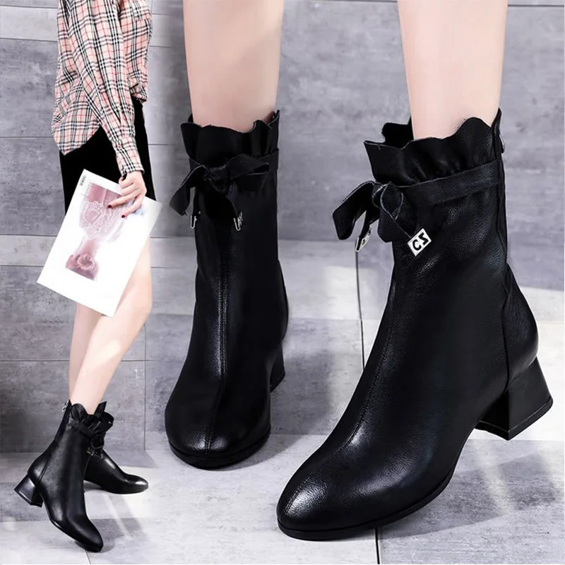 2019 г. Осенние кожаные ботильоны зимние женские модные короткие ботинки на