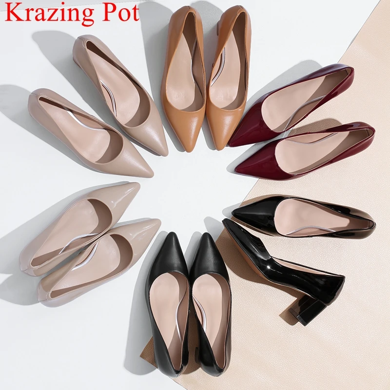 

Krazing Pot 2021 genuine leather classics pointed toe high heels shallow summer shoes slip on casual office lady women pumps L02