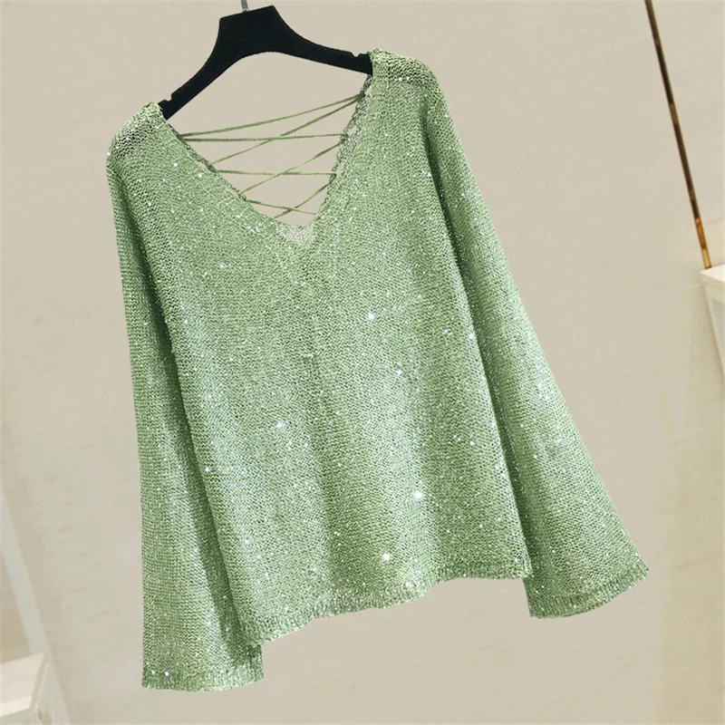

Women's spring 2021 new sequined trumpet sleeve V-neck sweater sexy open back wool top blouse thin section