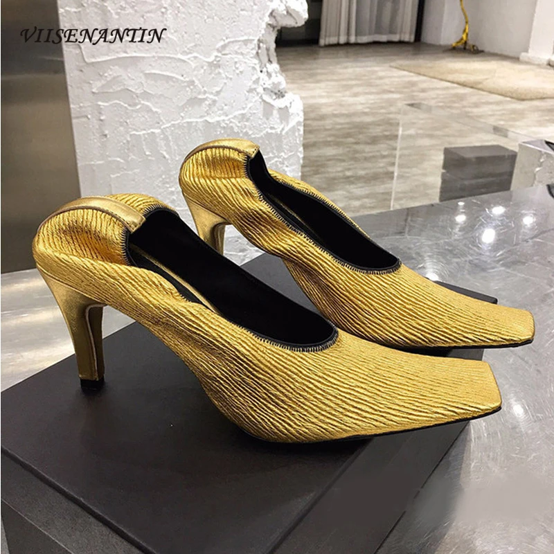 

Summer new style square toe high heels shallow mouth folds retro witch shoes zebra grain leather temperament single shoes women