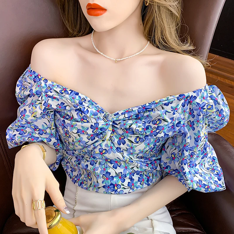

2021 Summer New Design Mesh Short Puff Sleeve Elastic Loose One Shoulder Top Sexy Noble Lady Dating Office Shirt Woman Clothes