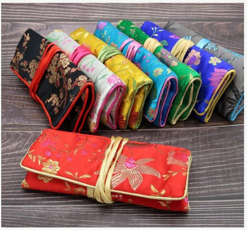 Luxury Portable Jade Silk Satin Flower Jewelry Roll Travel Pouch Cosmetic Makeup Storage Bag  3 Zipper Foldable Women Coin Purse