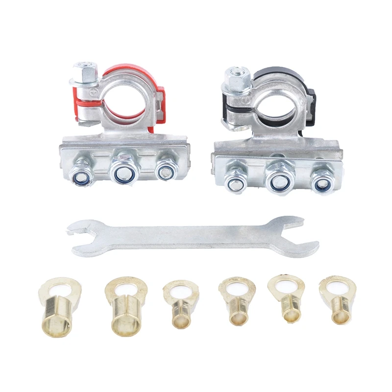 

2X клеммы для кабеля аккумулятора, клеммы для проводов, разъем для автомобильного аккумулятора, зажим для аккумулятора с гаечным ключом + лат...