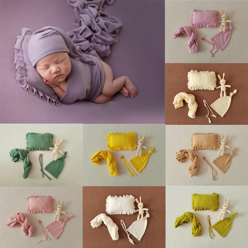 Newborn Photography Clothing Knot Hat+Stretch Wrap+Headband+Pillow+Doll 5Pcs/set Studio Baby Photo Props Accessories Fotografia