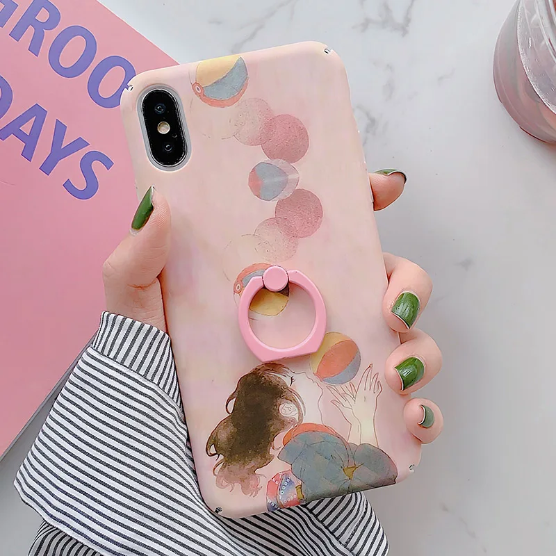 IK68-OPaoPaoQiuGirl SoCouple чехол с кольцом для iphone X 11 Pro Max чехол для iphone XR Xs max 7 8 6 6s plus растительный лист узор накладка держатель для телефона - Цвет: IK68-OPaoPaoQiuGirl