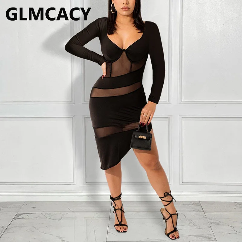 

Women Long Sleeve V Neck Mesh Insert See Through Midi Dress Sexy Bodycon Dress