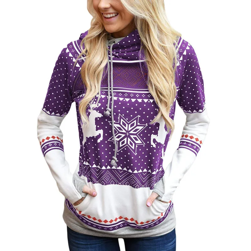 

Christmas Pattern Print Finger Pocket Hoodies Ladies Casual Thin Slim Hoodies Women Snowflake Elk Printed Zipper Sweatshirt Tops