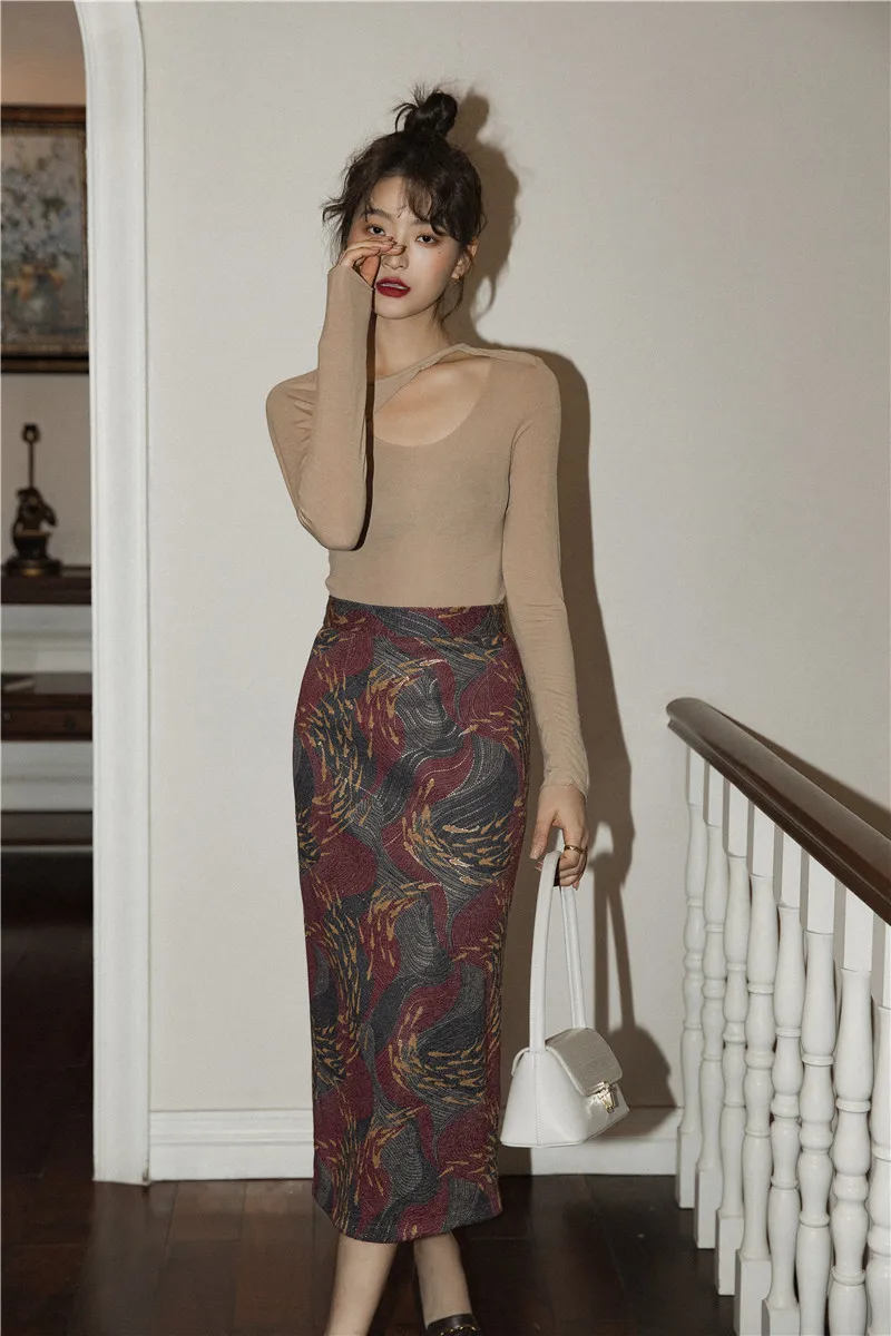 CHEERART Цветочная вышитая юбка Женская длинная облегающая с разрезом сзади женские