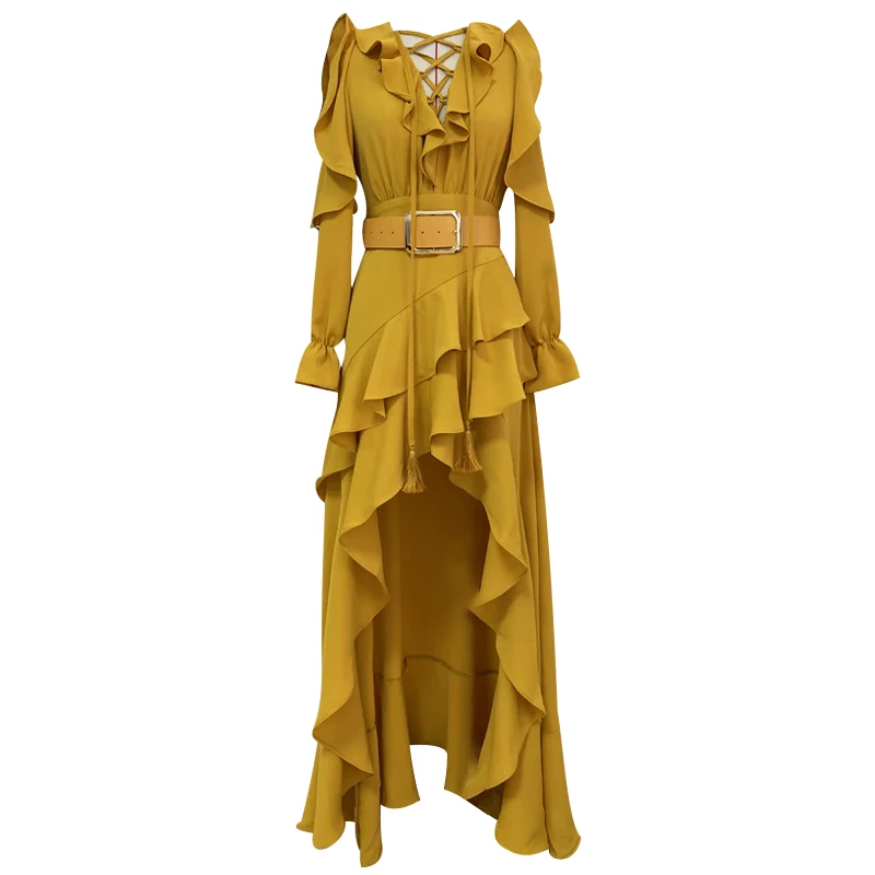 Женское платье желтого цвета Ретро стиль украшенное кисточками длинное с поясом