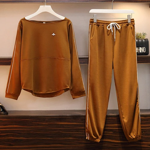 Plus Size 5XL Long Sleeve Slash Neck Jumper Sweatshirts Tops+Elastic High Waist Pants New Autumn Winter Women Fashion 2PCS Sets | Женская