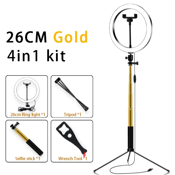 10inch gold 4in1 10 дюймов 26 см Диммируемый светодиодный студийный кольцевой светильник для камеры Фото телефон видео лампа с штативами селфи палка кольцо свет держатель телефона - Цвет: 10inch gold 4in1