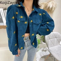 koijizayoi embroidery flower women corduroy cropped coat spring autumn vintage slim lady chic jackets fashion pocket tops 2022