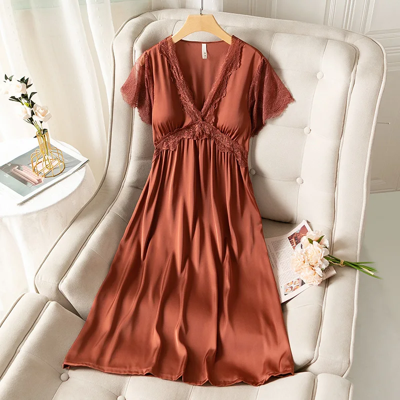 

V-Neck Lace Nightwear Women Short Sleeve Sleepdress Summer Sleep Gown Lounge Wear With Cheast Pads Nighty Dress Sleepwear