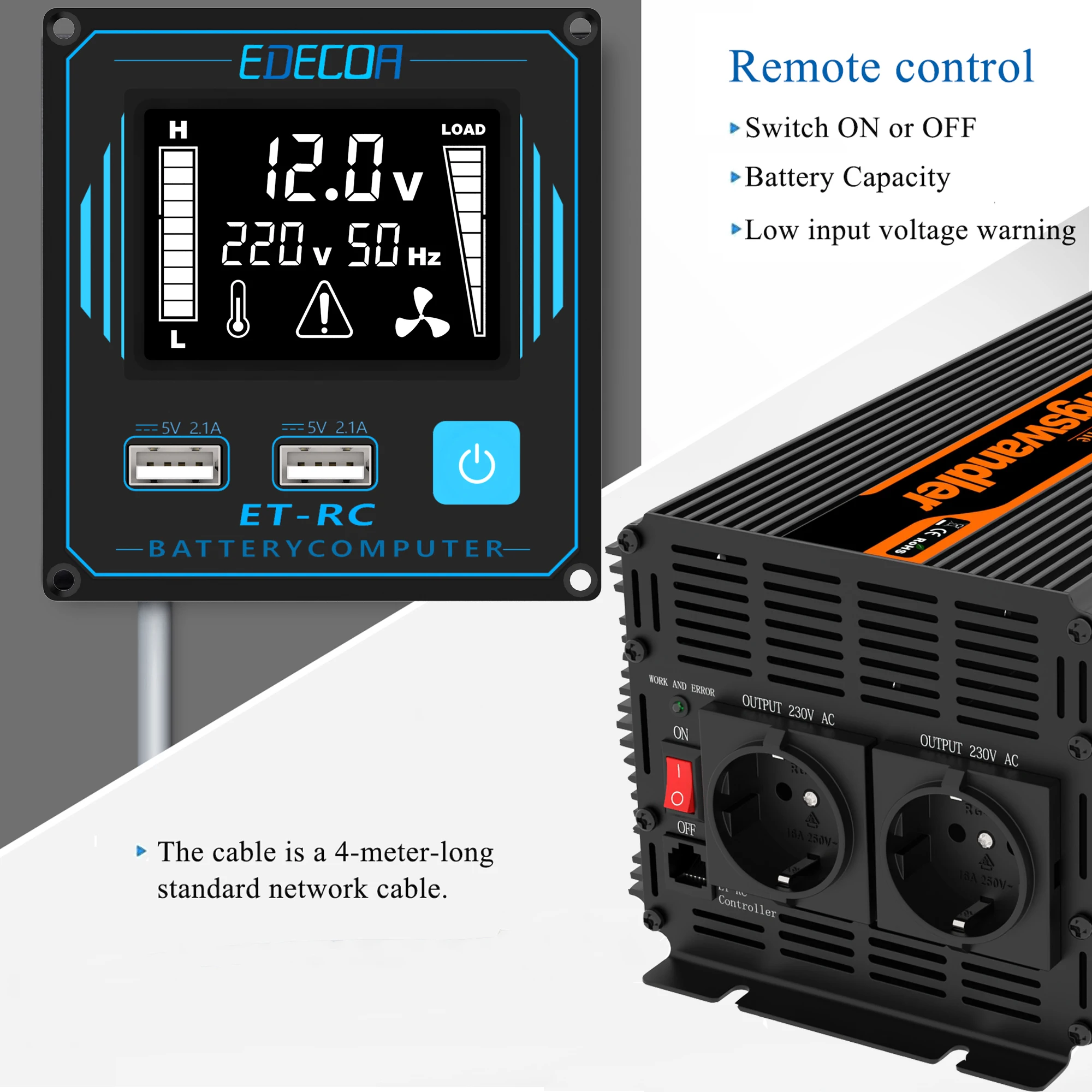 Новое поступление 2500 Вт EDECOA 5000 Чистая синусоида Инвертор DC/AC 12V AC 220V 230V ЖК дисплей