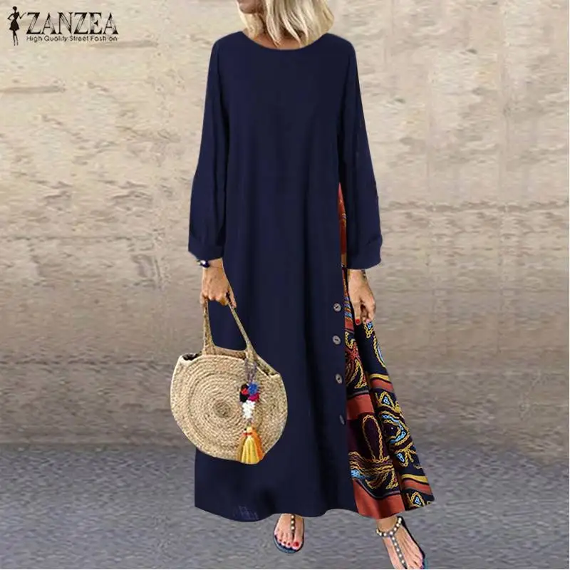 

Vintage Cotton Linen Maxi Dress Womens Printed Patchwork Dresses Kaftan Casual Long Sleeve Vesitos Female O Neck Robe