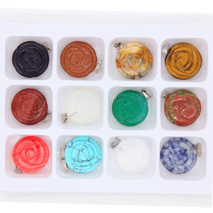 

Trendy-beads Wholesale 12 Pcs Silver Plated Many Color Romantic Rose Flower Shape Quartz Stone Pendant For Valentine's Day Gift