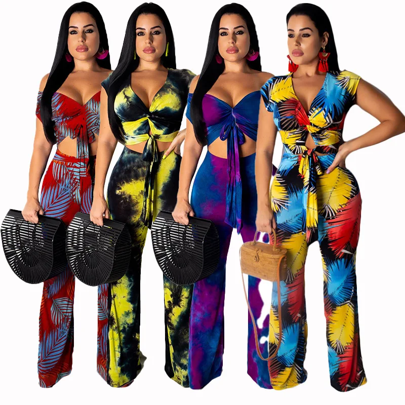 

Tie Dye Printing Two Piece Sets Women Sexy V-neck Lace-up Crop Tops And High Wist Wide Leg Trousers Lady Outfits Plus Size S-XXL