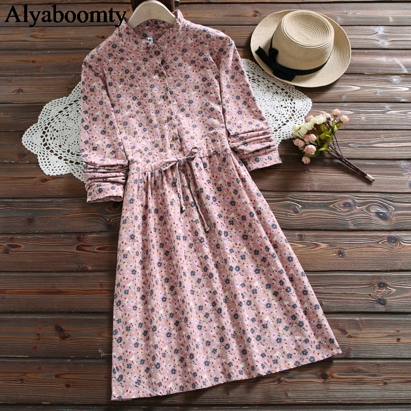 Женское платье с оборками на воротнике розовое синее желтое из хлопка и льна