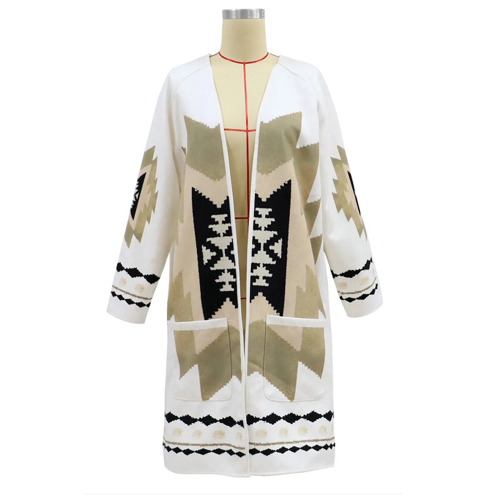 

New Vintage Retro Tribal Knitted Cardigans V-Neck Loose Pockets Sweaters Autumn Winter Clothes Sweater All-match For Women #113