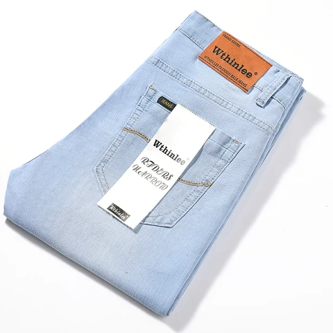 2021 Брендовые мужские ультратонкие джинсы в классическом стиле, деловые повседневные светло-голубые эластичные хлопковые джинсы, Мужские Брендовые джинсовые брюки