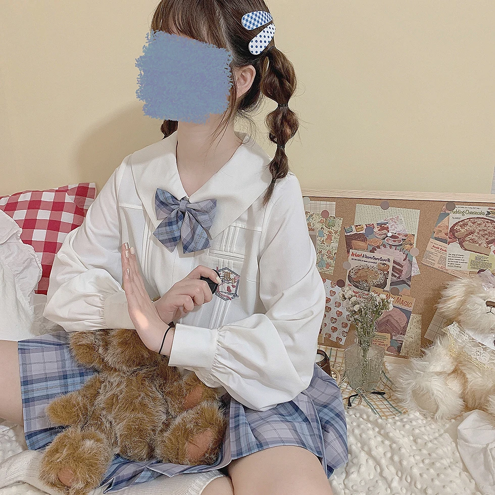 

Japanese JK Uniform Preppy Cute Soft Sister Teen Girl Hit Sweetheart Embroidery Bowknot Tie Lapel Long Sleeve Blouse Women