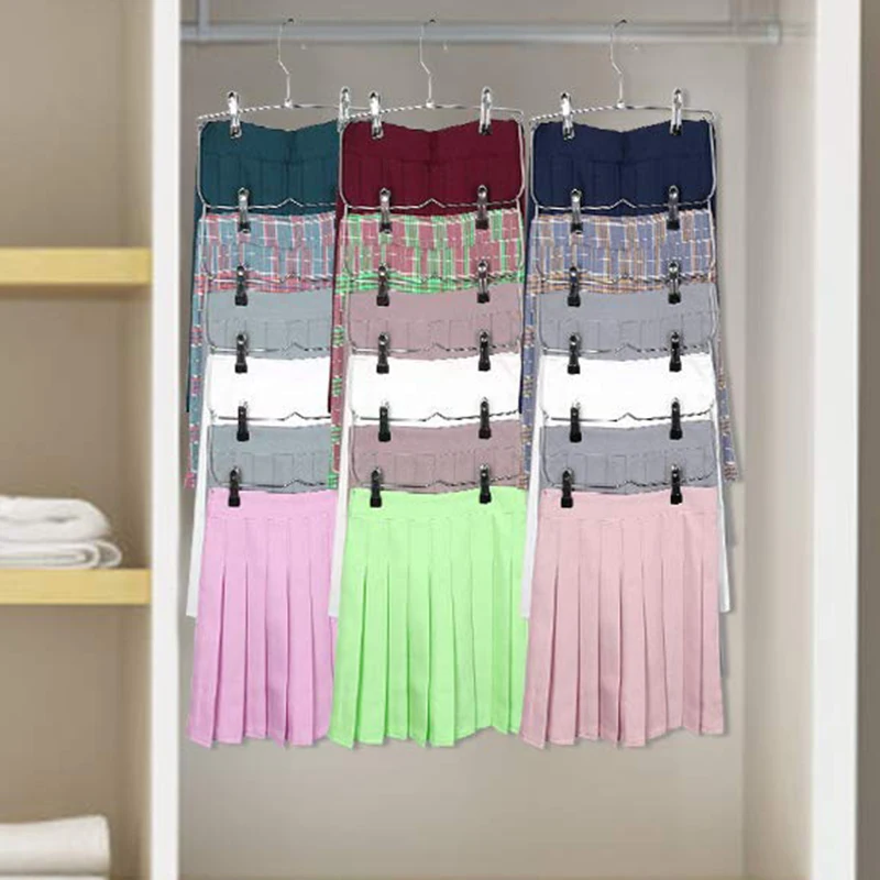 

6-Tier Skirt Pants Shorts Hangers with Adjustable Clips Space Saving No Slip Hangers Skirt Organizer 3 Pack