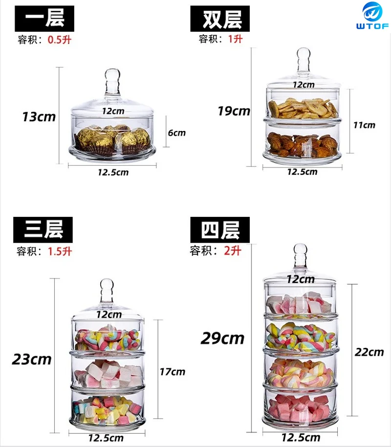 

Crystal Candy Jar Transparent Glass with Lid Four Floors Food Storage Tank Home Use Desktop Multi-layer Decoration Glass Jar