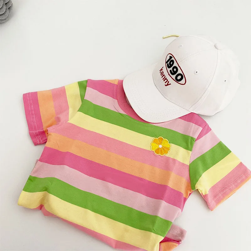 Summer Rainbow Children's T-shirt For Girls Kids Cotton Stripe Shirt Toddler Girl Clothes Blusas Bonitas 1-5T Top | Мать и ребенок