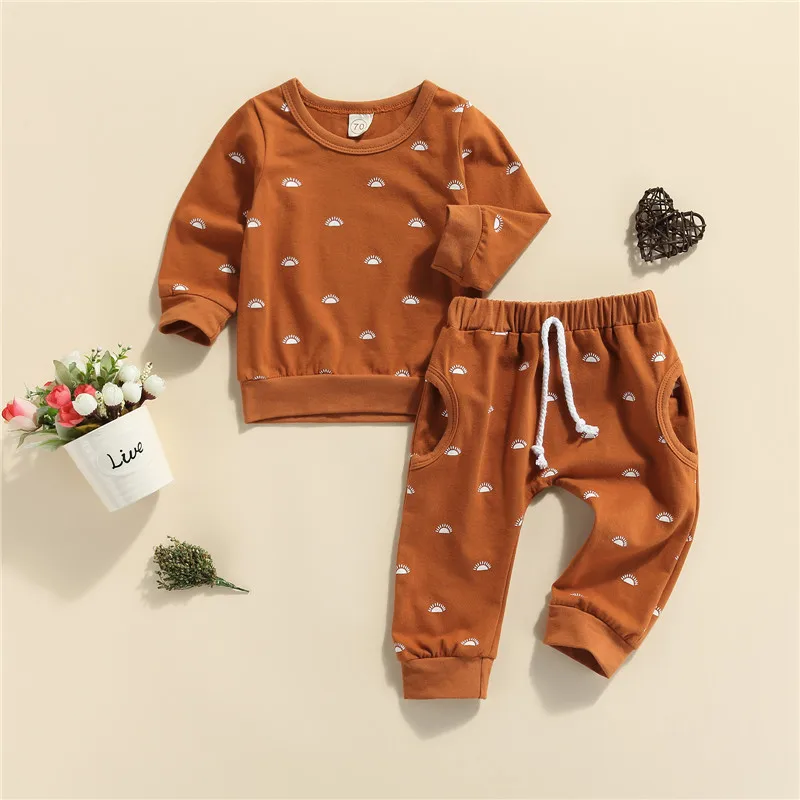 Spring Autumn Baby Boys Girls Clothes Sets 2pcs Sun Print Long Sleeve Pullover Sweatshirts Tops+Elastic Pants Tracksuits | Детская