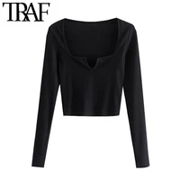 traf women sexy fashion cropped ribbed blouses vintage square collar long sleeve female shirts chic tops