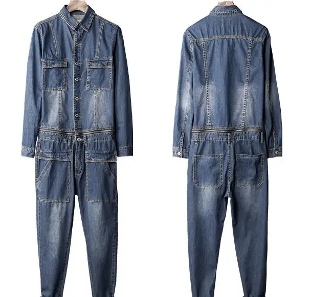 Spring Autumn Men's Long Sleeve Denim Overalls Slim Korean Style Mens Jacket and Jeans Suit Men Retro Cargo Jean Jumpsuit Blue