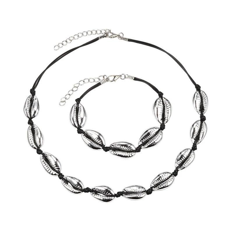 silver shell black Богемные 2 шт./компл. белая веревка натуральный корпус браслет ожерелье Женская мода морской коври браслеты и браслеты ювелирные изделия девушка аксессуары - Окраска металла: silver shell black