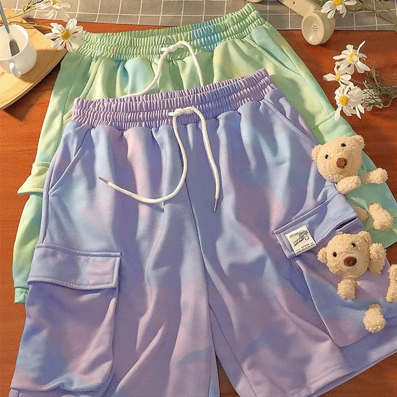 

Harajuku style Korean cute bear art dyeing shorts women's summer loose casual stretch cotton wide-leg women's shorts