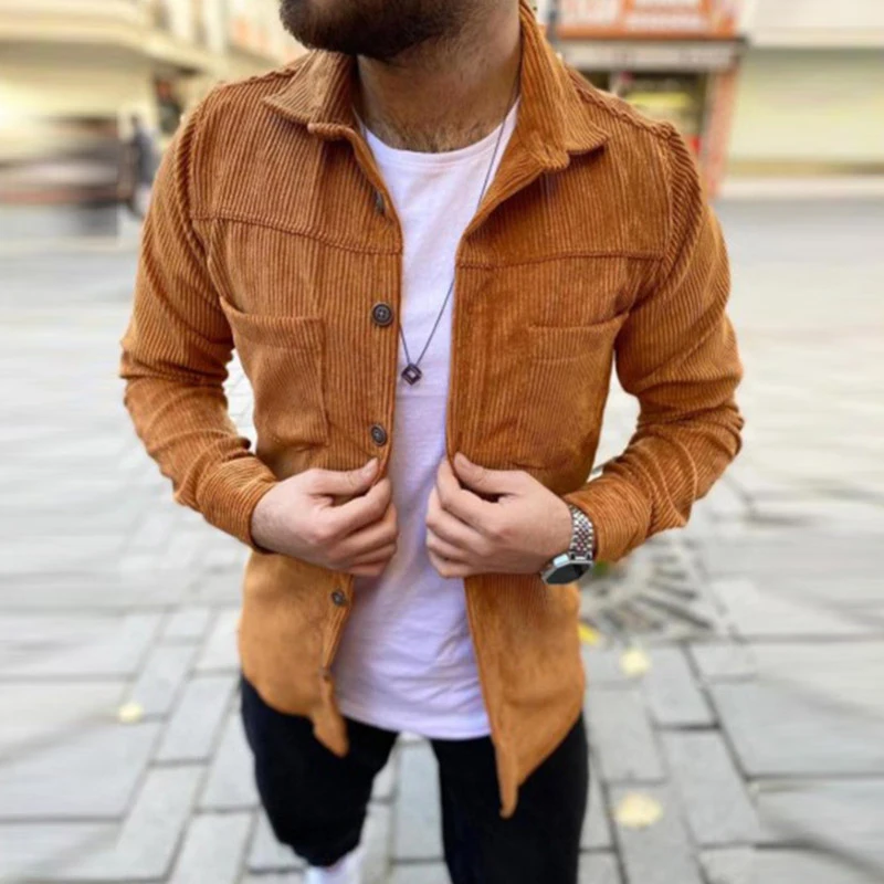 2021 New Autumn and Winter Casual Men's Corduroy Shirt Retro Lapel Button Cardigan Shirt Fashion Street Solid Color Men's Shirt