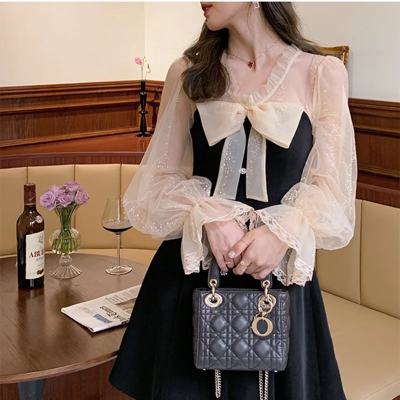 

Korean 2021 Spring Chic Elegant Mini Party Dress Women Casual Bow Lace Long Sleeve Black Vintage Dress Bow Sexy One Piece Dress